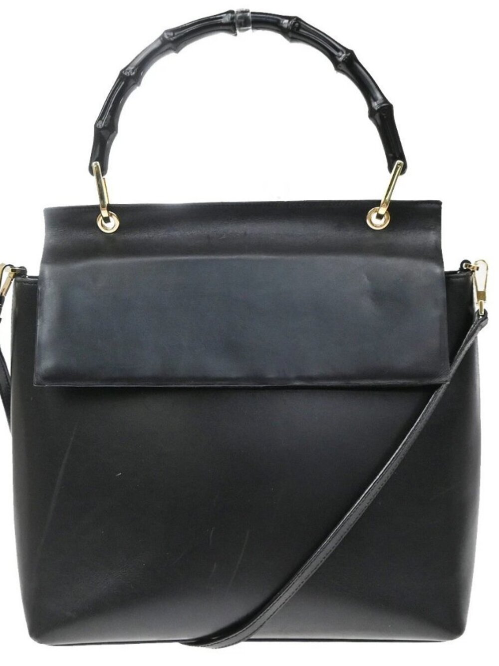 GUCCI Logo Bamboo 2Way Shoulder Hand Bag Leather Black Italy 62KE301